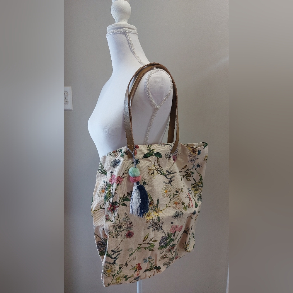 Floral Canvas Tote Bag with Tan Handles